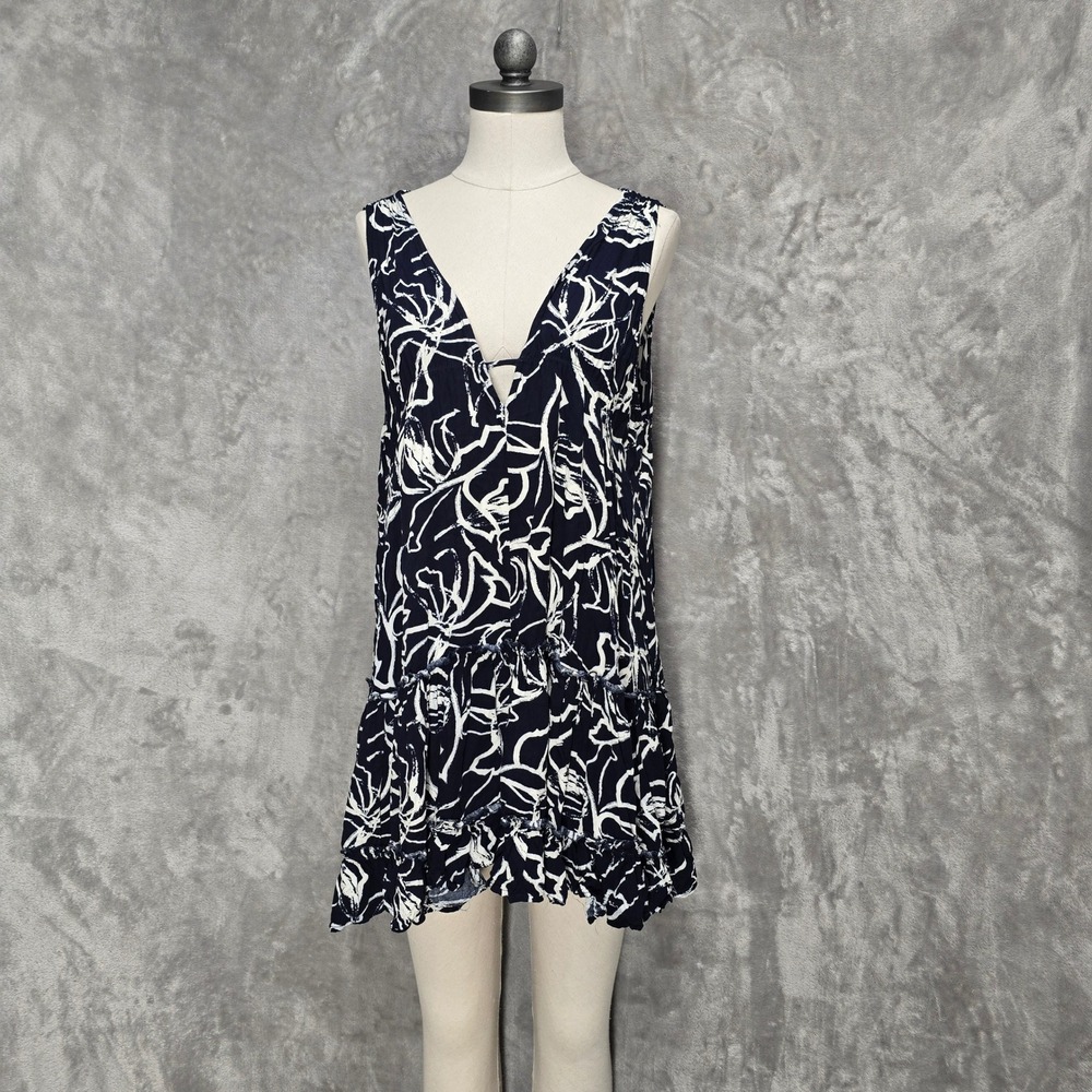 Mahina Abstract Floral Tiered Mini Dress Large Rayon Boho Coastal Flowy Hawaiian